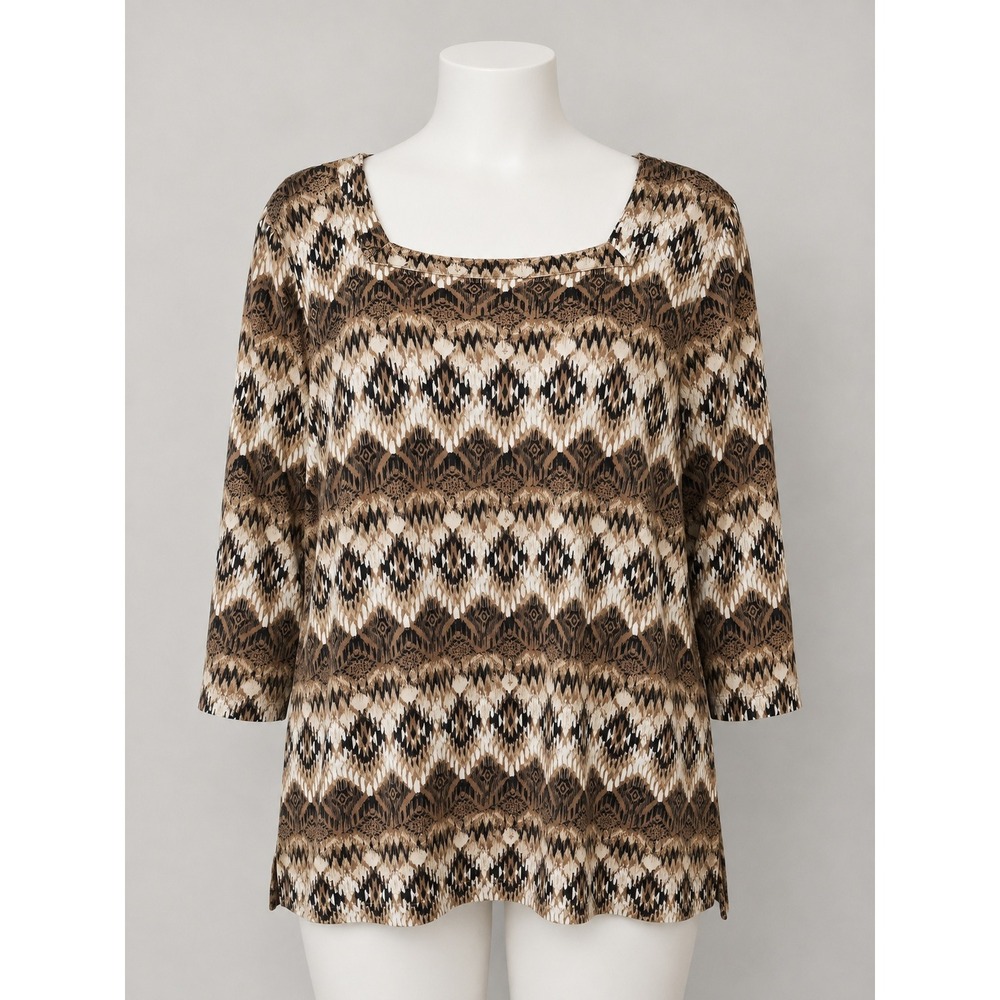 Kim Rogers Woman 2X Brown Ikat Geometric Square Neck 3/4 Sleeve Cotton Top